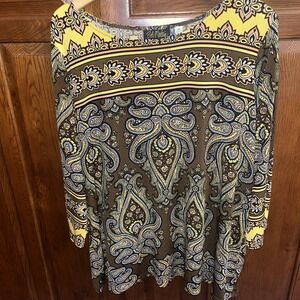 QVC Bob Mackie Wearable Art 2X Paisley Pattern  Top Tunic Brown Gold Black